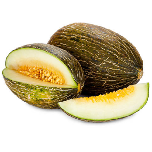 Fresh Piel de Sapo Melon with vibrant green skin and orange flesh – perfect for healthy snacks.