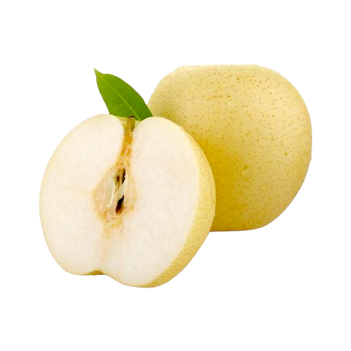 Fresh Crown Pears with golden-green skin, displayed in a rustic basket, ready to eat.
